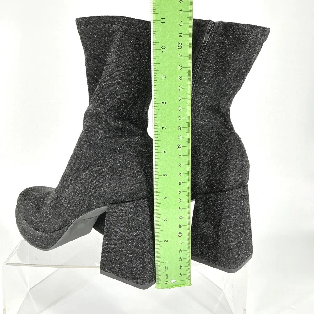Abound Size 9 Black Glitter Platform Block Heel Sock Boots Square Toe